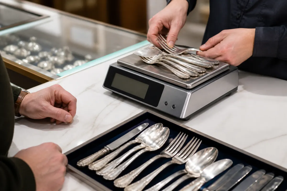 Silver flatware being weighed before a cash offer
