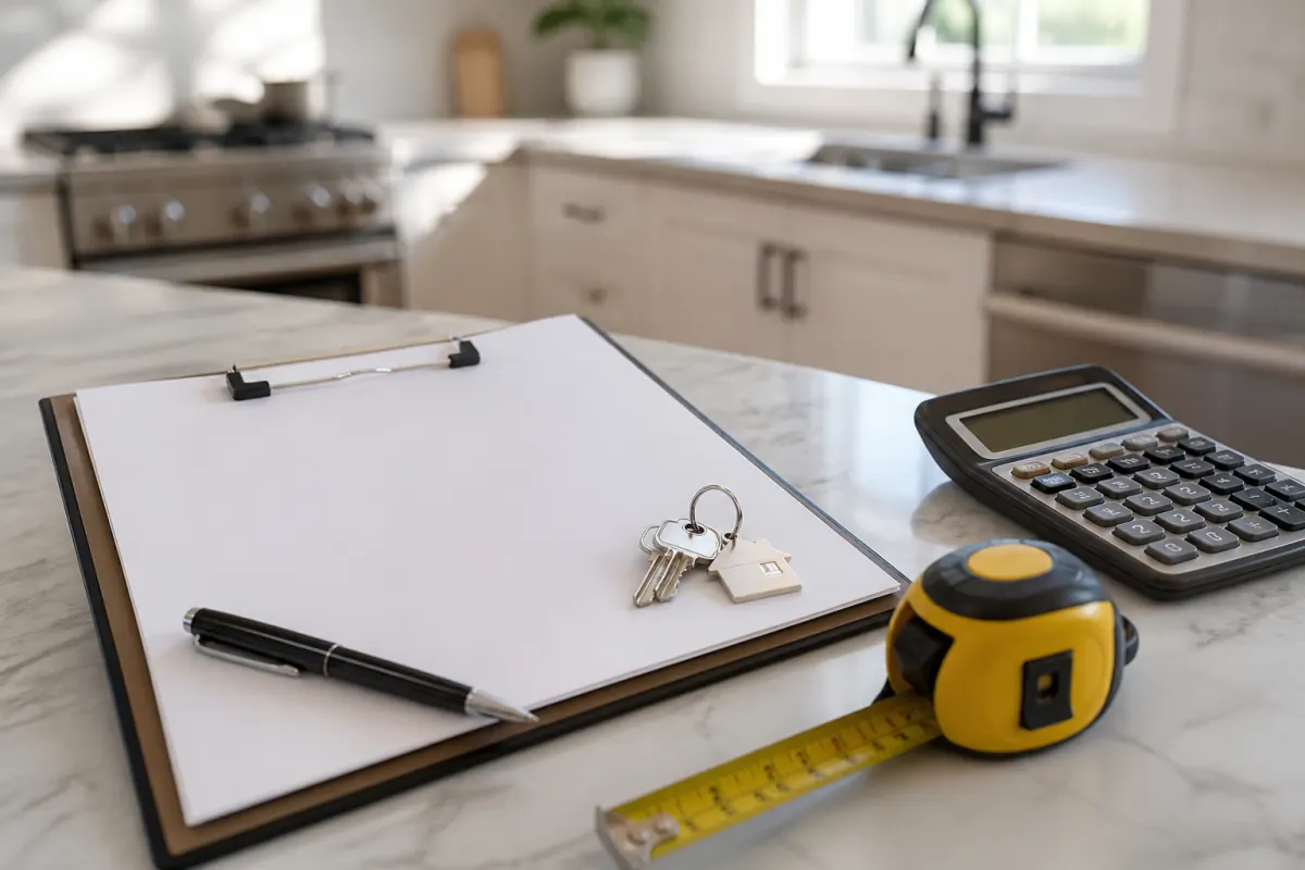 Appraisal tools and house keys used to document the value of an inherited home
