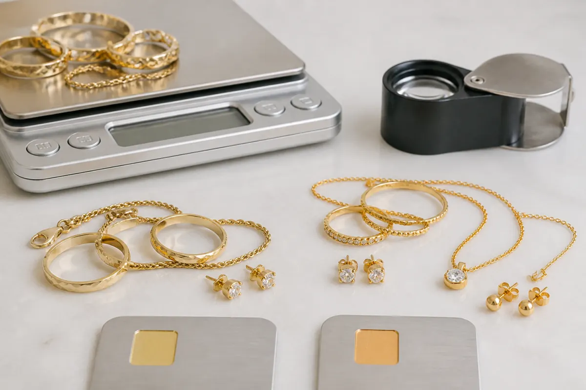 Gold jewelry beside a digital scale and jeweler's loupe