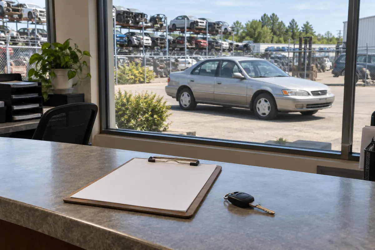 Blank paperwork and car key at a salvage yard office