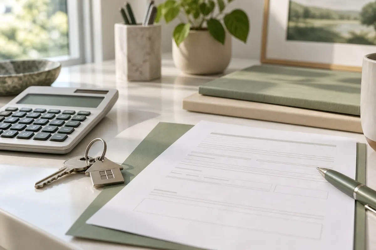 House keys, calculator, and closing documents prepared for a home sale