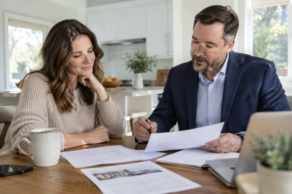 Homeowner reviewing property and tax paperwork at a kitchen table