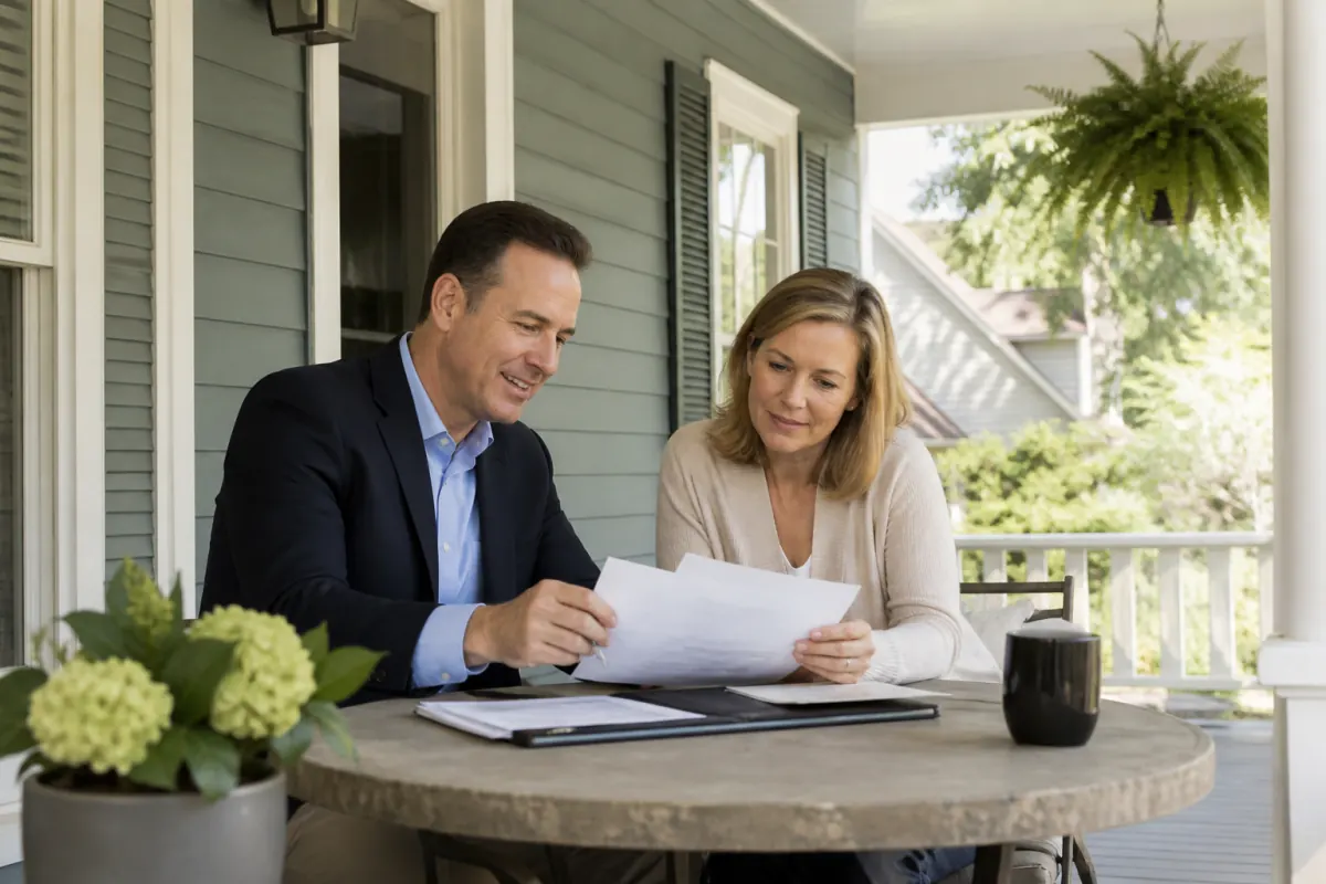 Homeowner and real estate professional reviewing sale paperwork for an older house