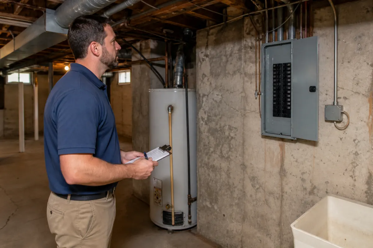 Inspector reviewing a home's utility systems before a sale