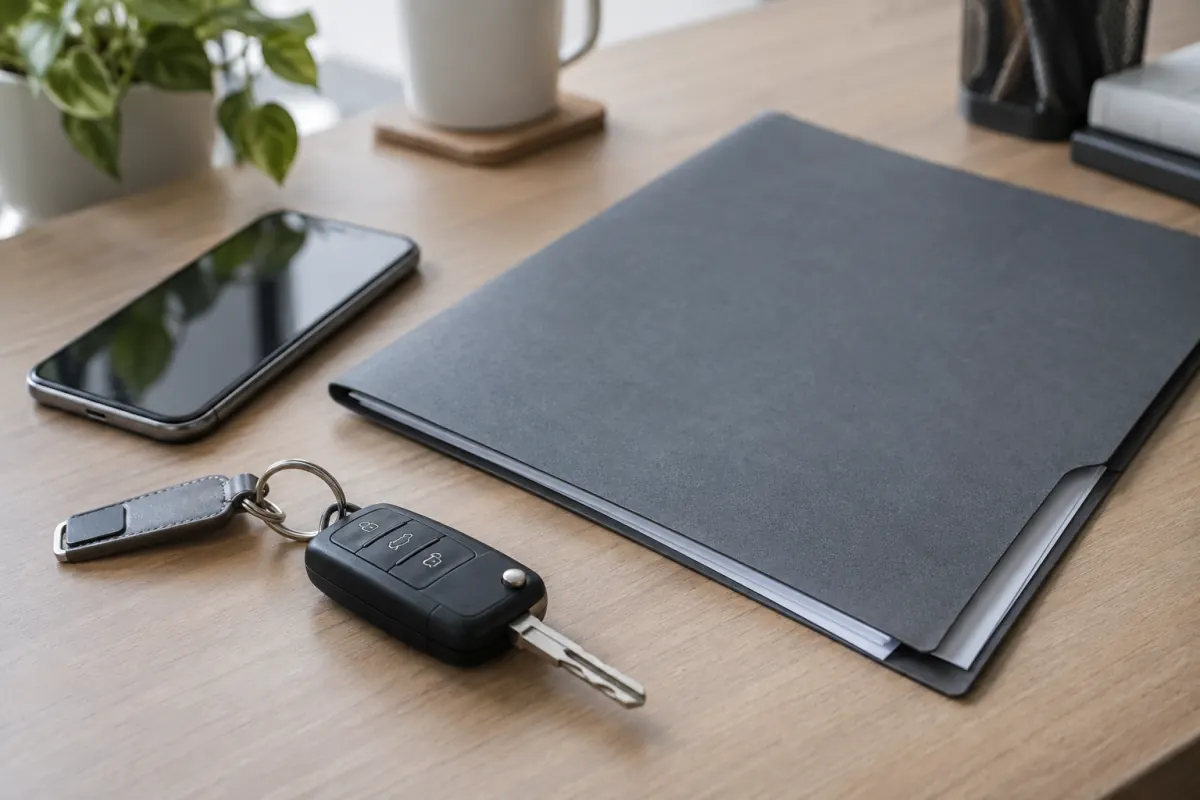 Car keys beside a folder for vehicle title paperwork