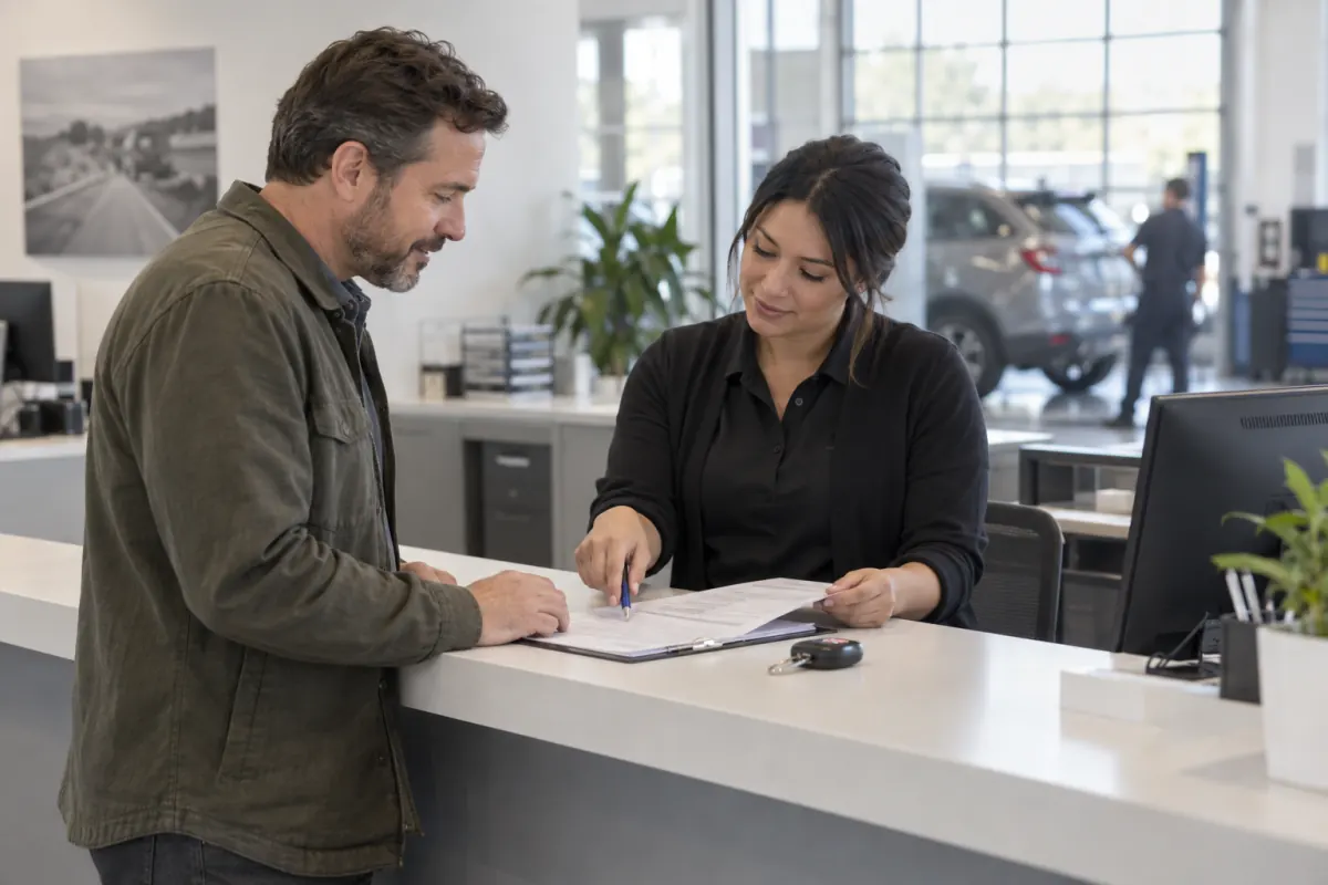 Vehicle owner reviewing title paperwork at a service counter