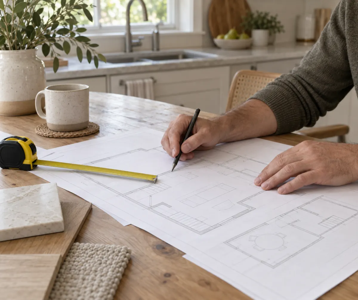 Homeowner reviewing a basement floor plan with a measuring tape