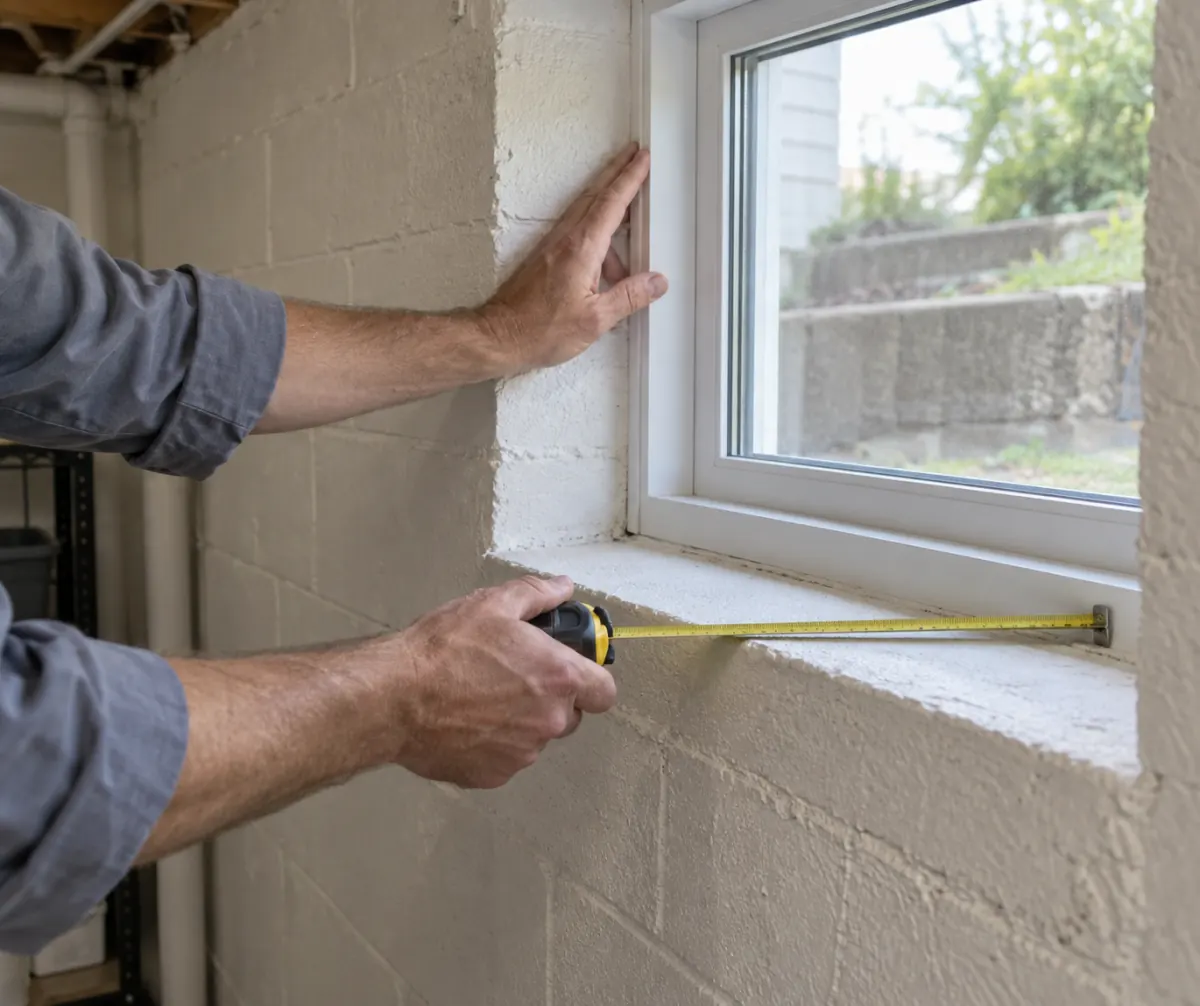 Contractor examining a basement window opening