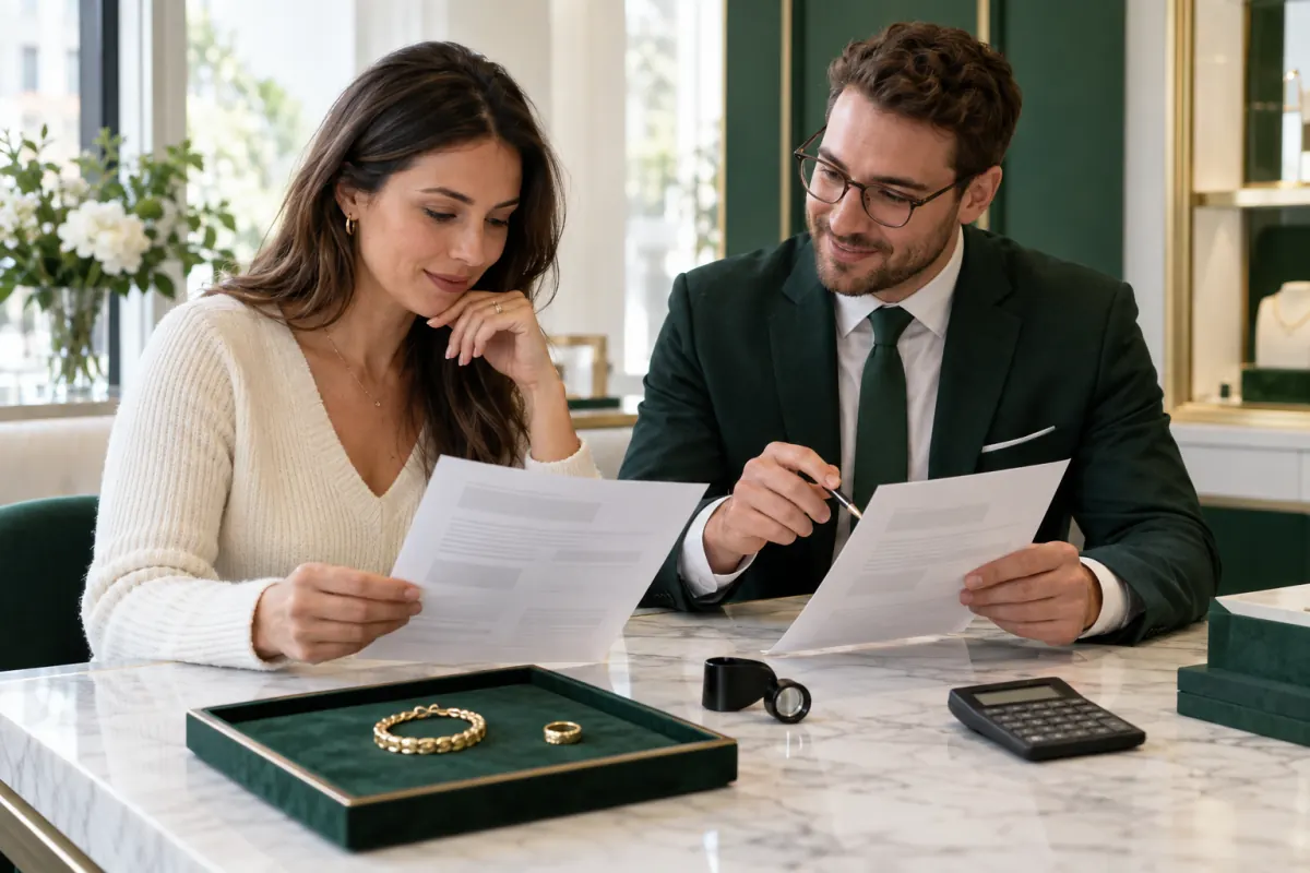 Customer comparing gold jewelry offers with a calculator