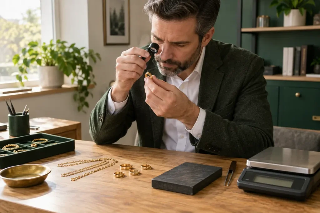 Gold buyer evaluating jewelry with a scale and testing tools