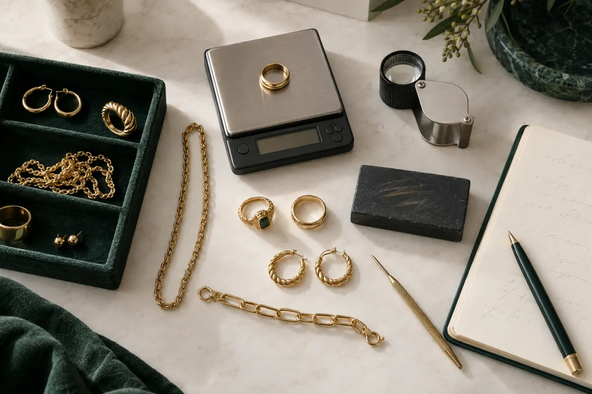 Gold jewelry arranged with a gram scale and testing tools
