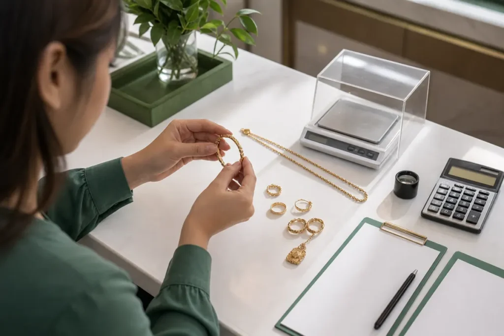 Gold jewelry beside a gram scale and offer sheets