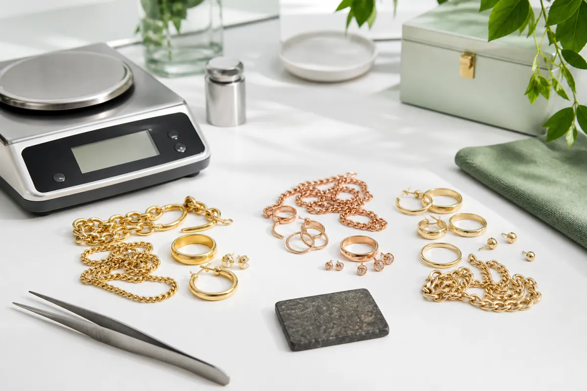 Gold jewelry separated for purity testing and weighing
