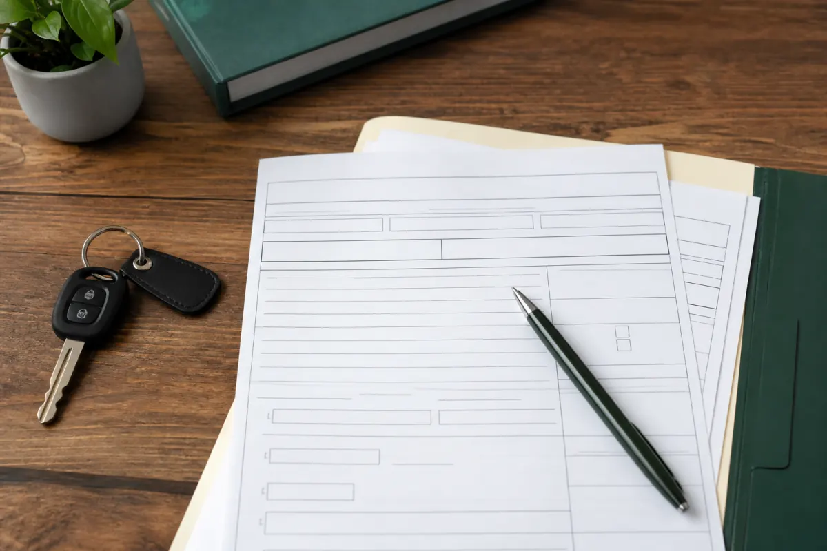 Car keys and vehicle transfer documents on a desk