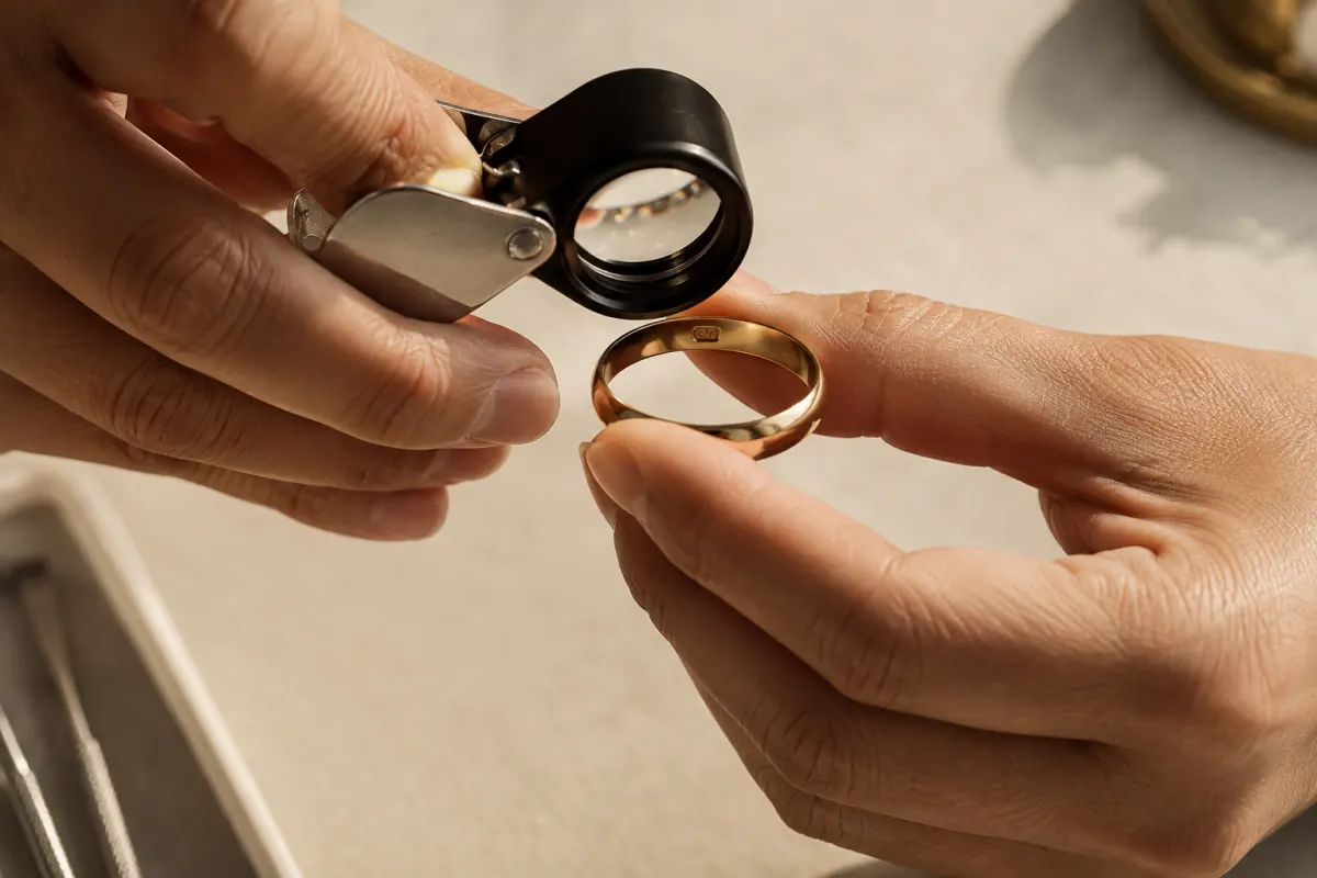 Inspecting the hallmark on an unwanted gold ring before selling