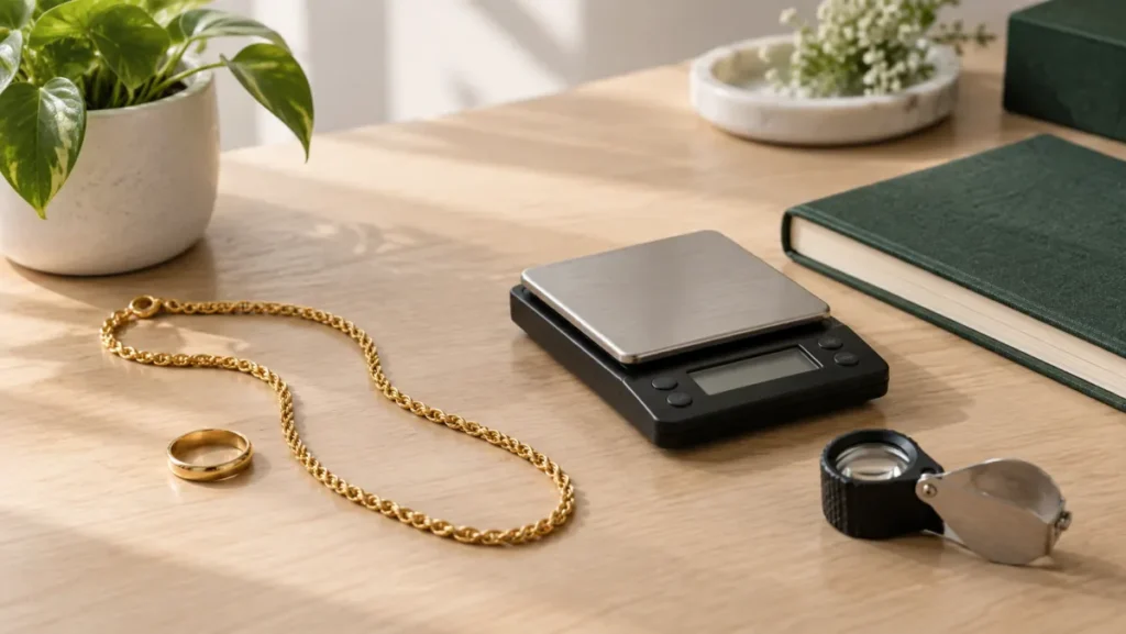 Gold jewelry beside a digital gram scale and jeweler loupe