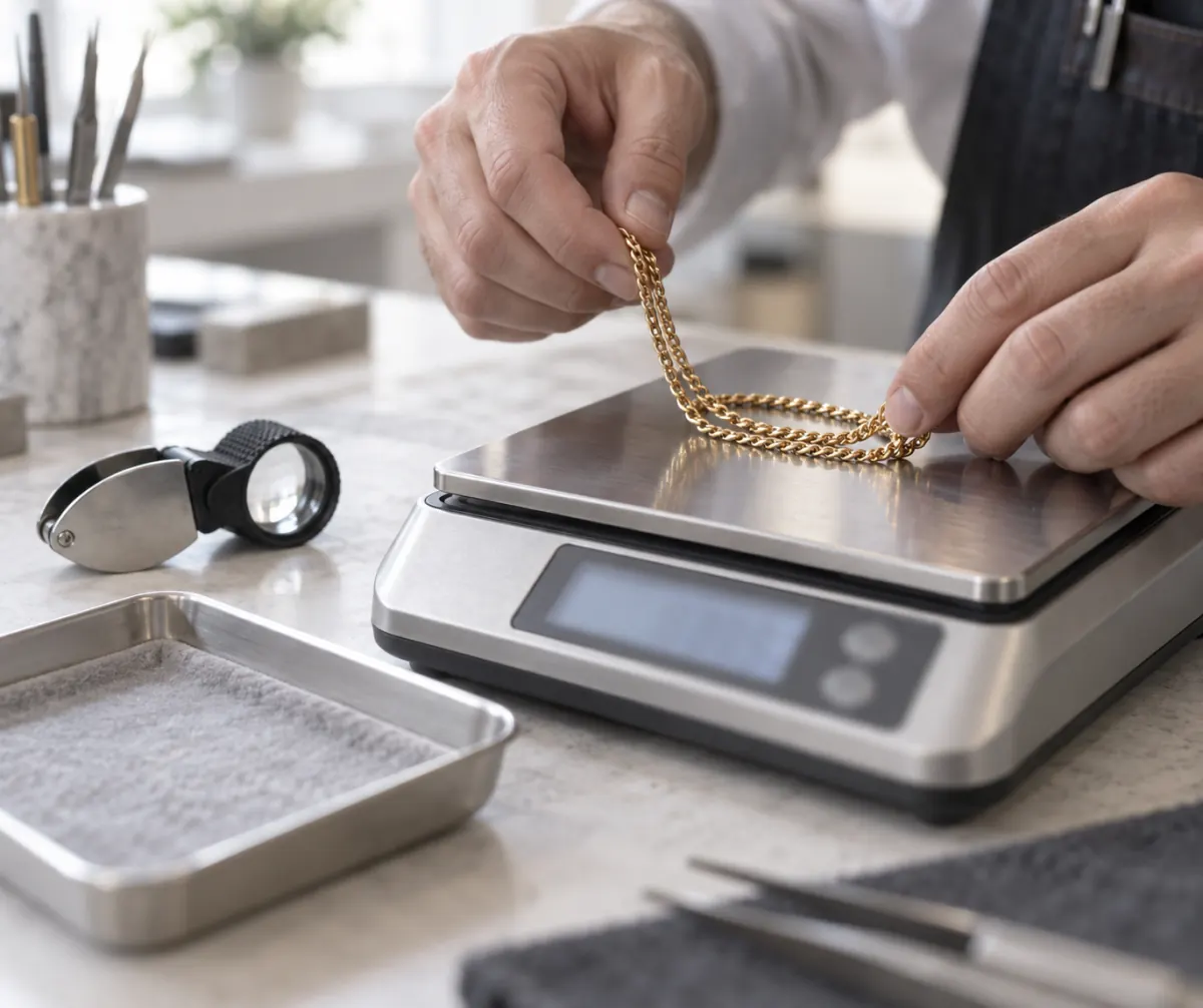 Gold chain being weighed on a digital jewelry scale