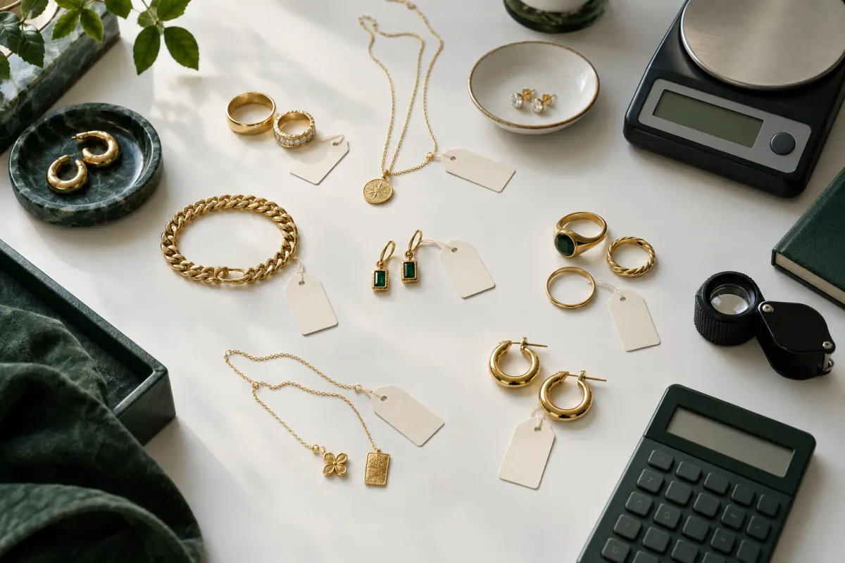 Gold jewelry sorted beside a scale and jeweler tools