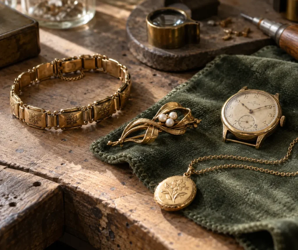 Vintage gold-filled jewelry arranged on a jeweler workbench