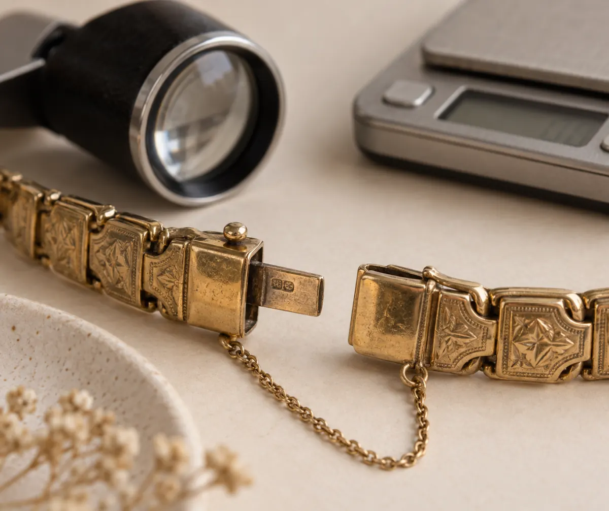 Close view of a gold-filled bracelet near a jeweler loupe and scale