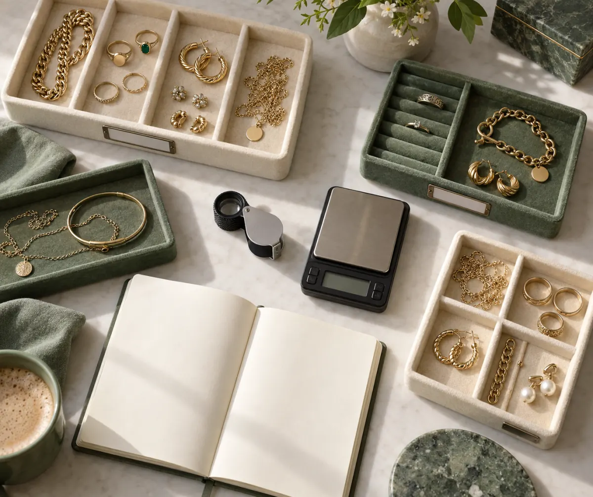 Gold-tone jewelry sorted beside a loupe, gram scale, and notebook