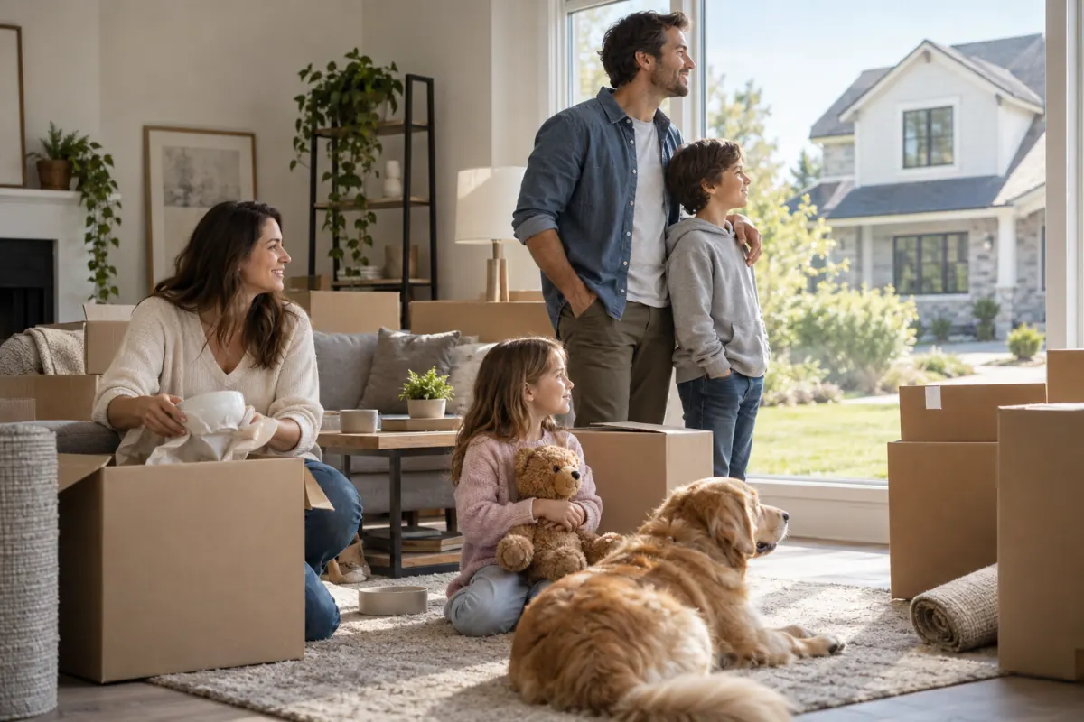 Family packing moving boxes between a home sale and a new purchase