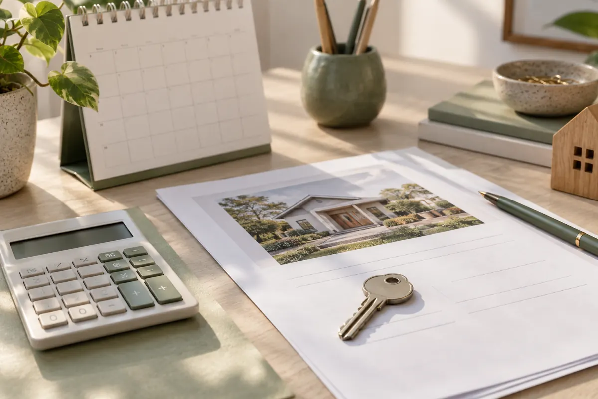 House keys, calendar, calculator, and paperwork for planning a home sale