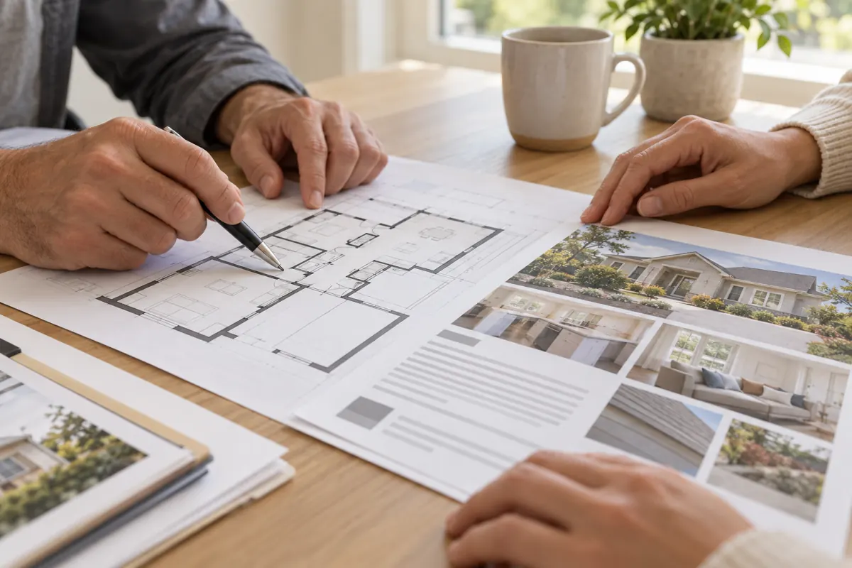 Homeowners reviewing house records and floor plan