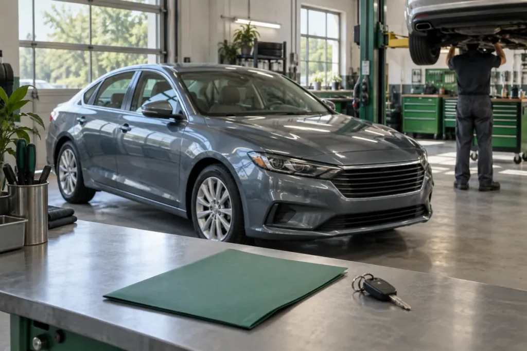 Used sedan undergoing an inspection before a rebuilt-title sale