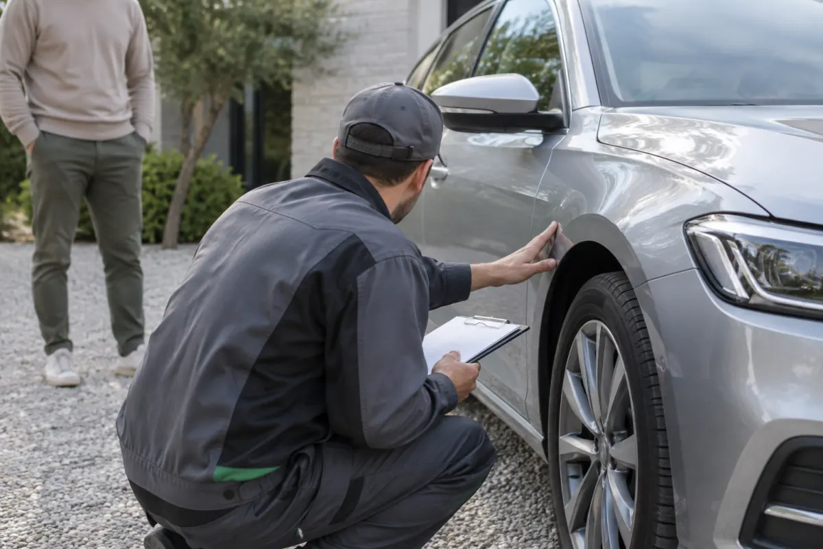 Technician inspecting a used sedan before a rebuilt-title sale