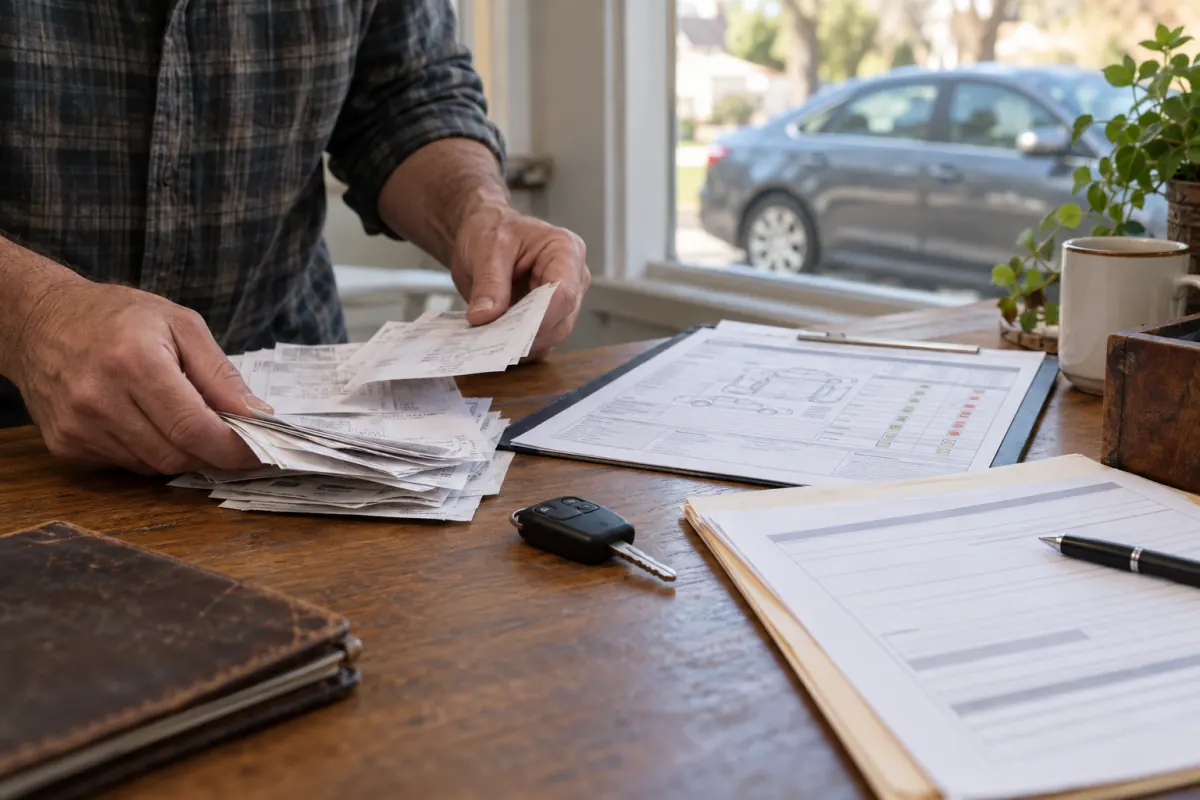 Repair records, inspection paperwork, and car keys organized for a rebuilt-title sale