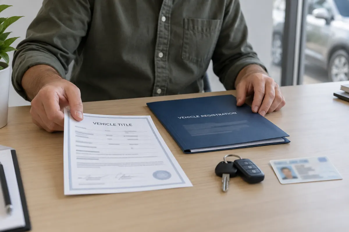 Vehicle title folder and keys prepared for a car sale