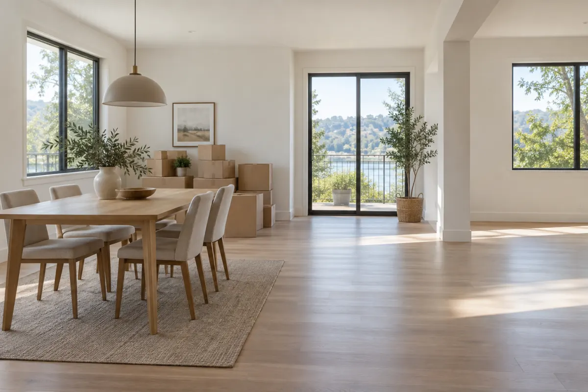 Dining room furniture and moving boxes during a home sale