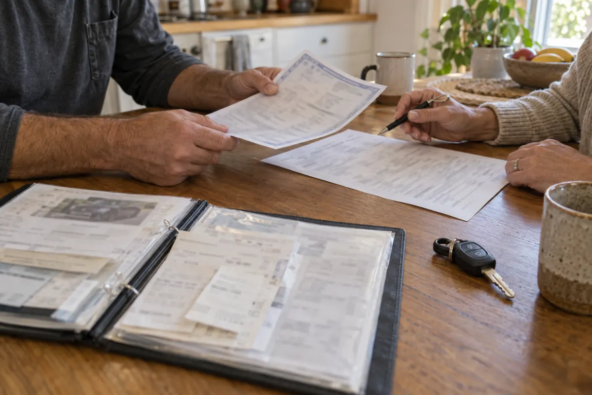 Seller and buyer reviewing used car sale paperwork