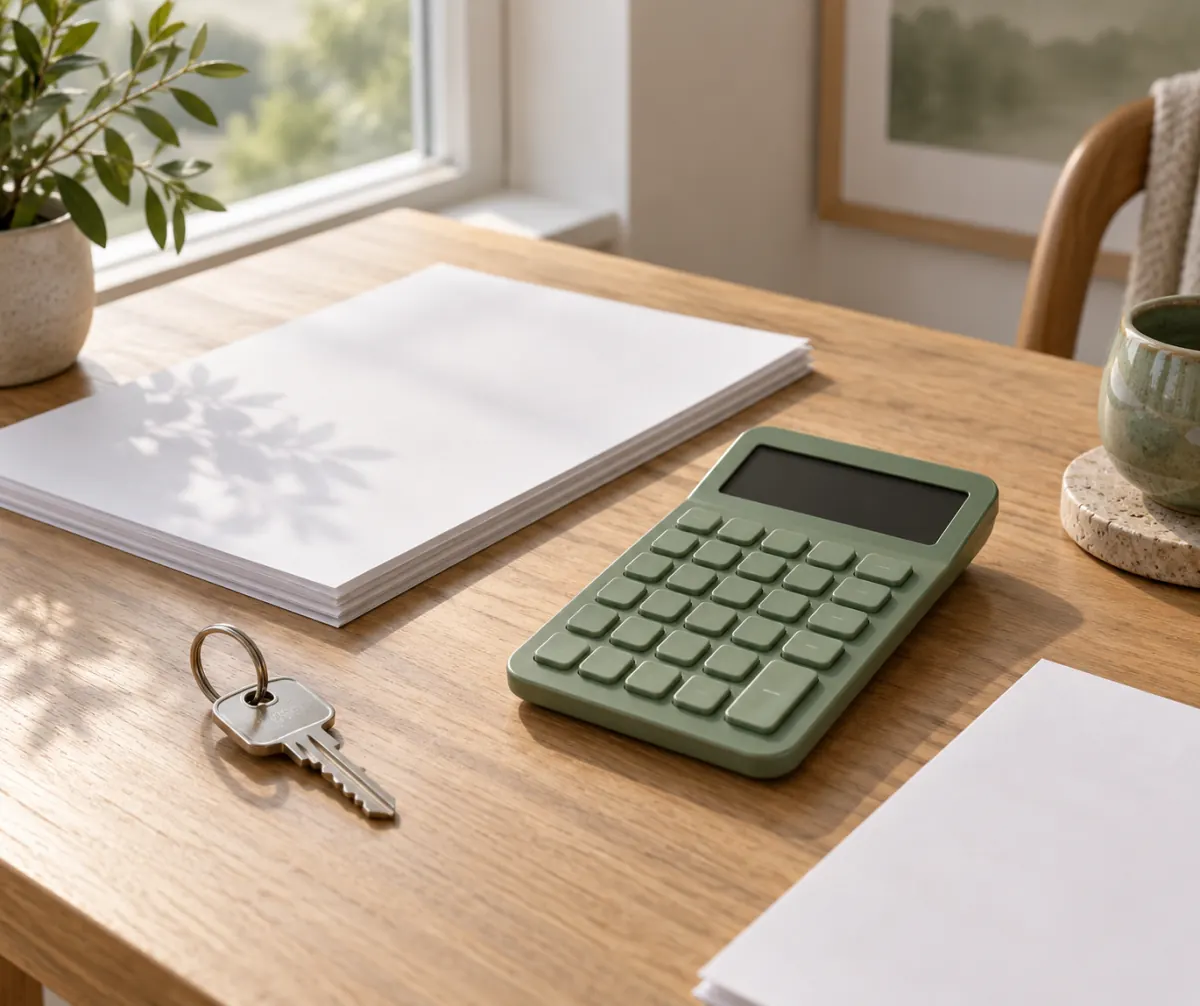 House keys and a calculator on a table for sale planning