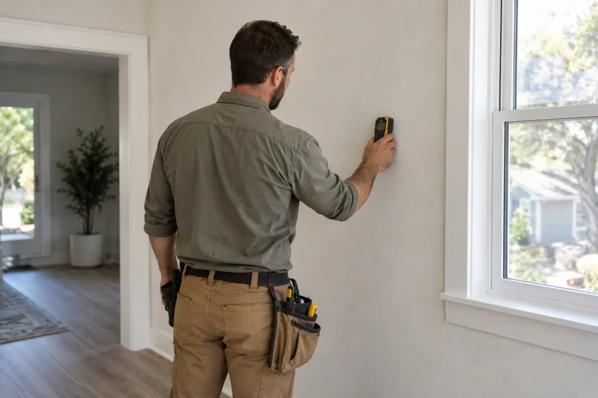 Contractor checking moisture near a residential window