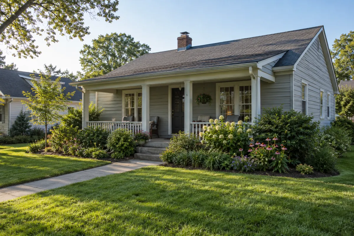 Modest single-story home with a front porch and garden