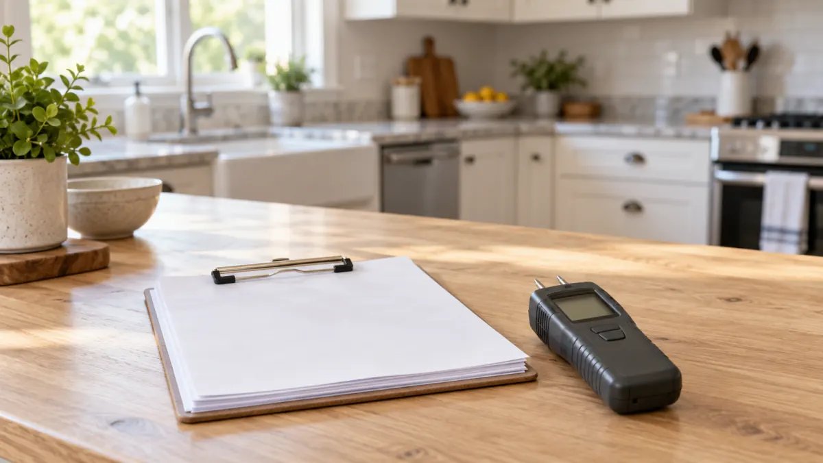 Home inspection paperwork and moisture meter on a table