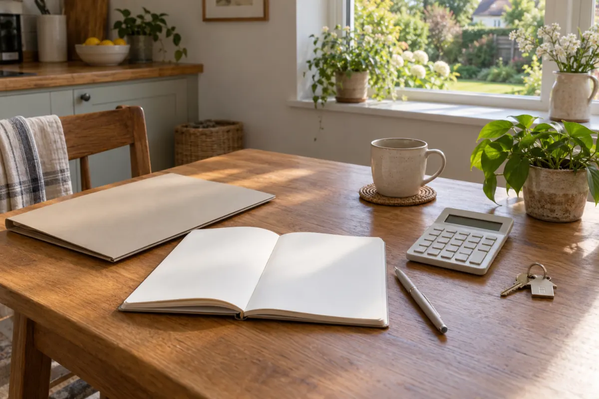 A blank notebook, calculator, folder, and house keys on a kitchen table