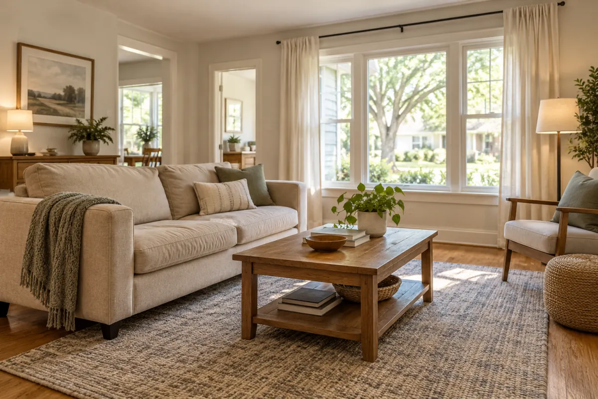 An uncluttered living room prepared for a home showing