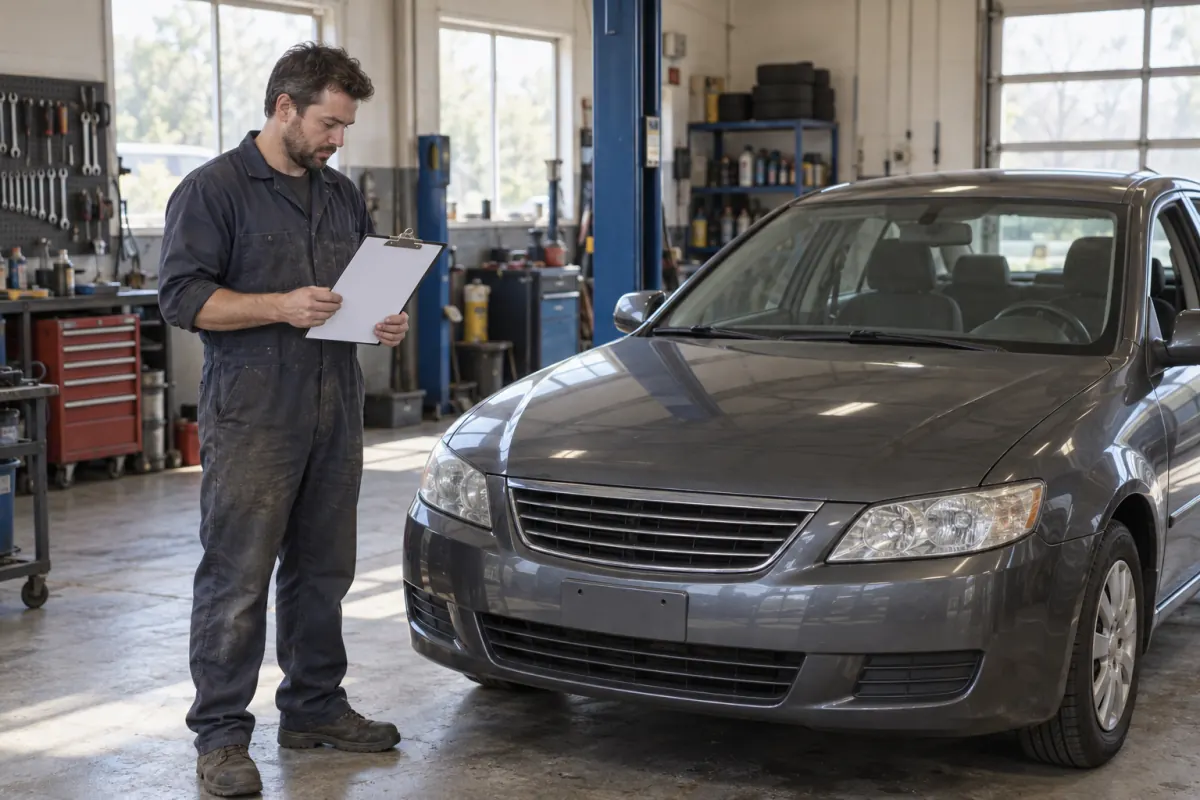 Mechanic reviewing paperwork beside a parked car in a repair workshop