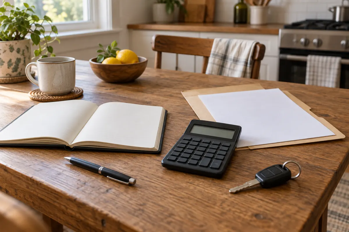 Notebook, calculator, folder, and car key for comparing repair and sale options