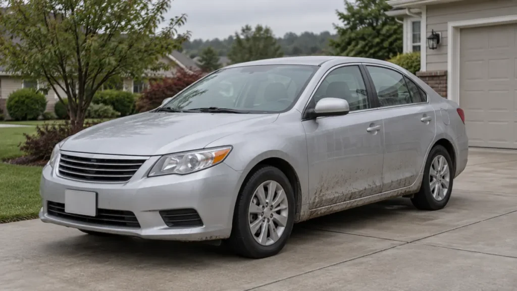 Silver sedan on a driveway after rain with mud marks on its lower doors