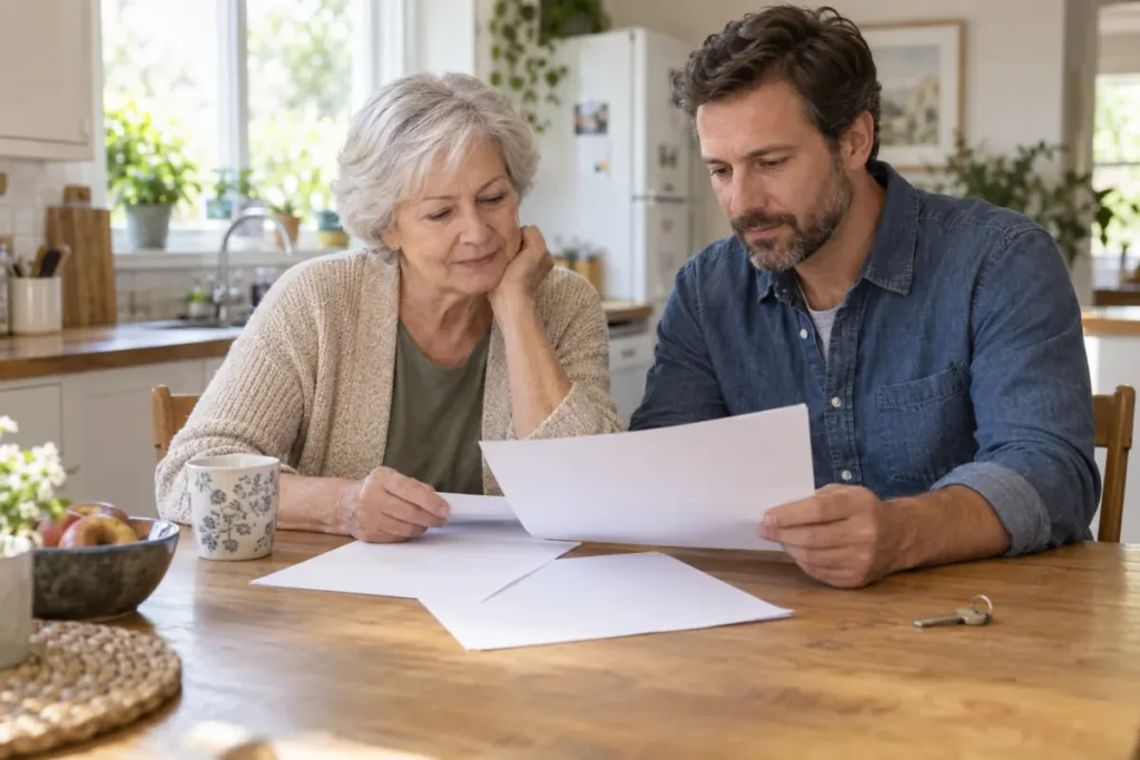 Older homeowner and family member reviewing sale paperwork